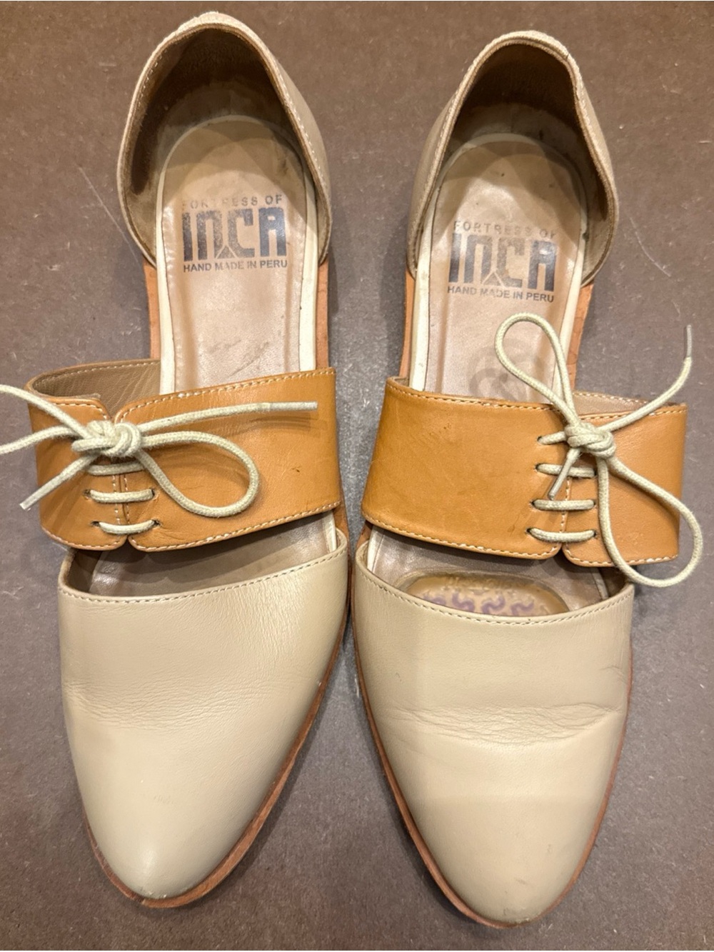 Fortress of Inca handmade Women's Two-Tone Beige and Tan Leather Lace-Up Flats
